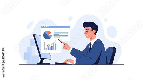 Man in suit presenting data analysis on computer screen with charts and graphs