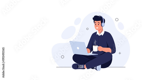 Man with headphones using laptop and drinking coffee, working or studying