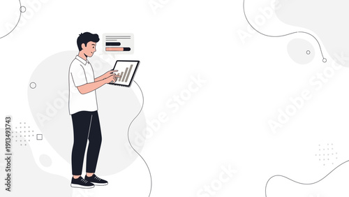Young man analyzing financial graph on tablet, business growth concept