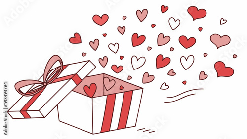 Exploding Valentine's Day gift box with dynamic hearts and confetti, celebrating love and surprise.