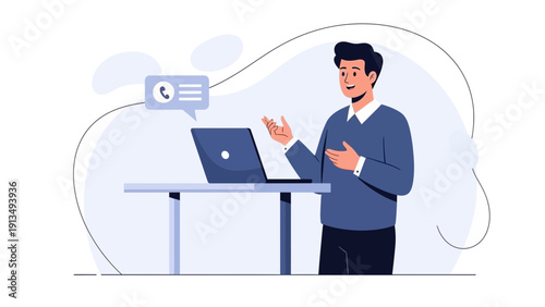 Man giving online presentation or video call with laptop and speech bubble icon.