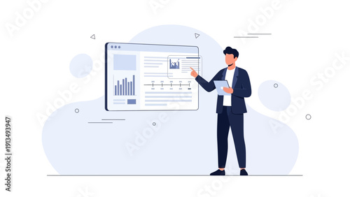 Businessman presenting data on a digital screen with charts and graphs