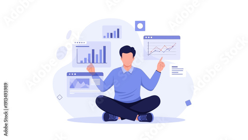 Man meditating with data charts and analytics, business growth concept