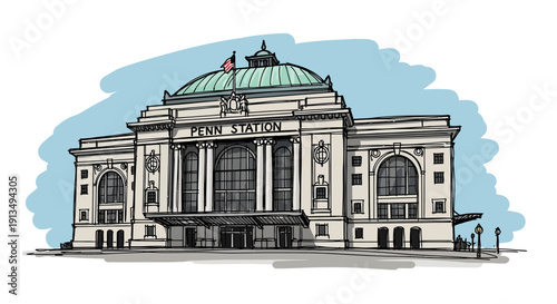 A detailed illustration of the grand facade of Penn Station, a historic railway station with a prominent dome and classical architectural elements.