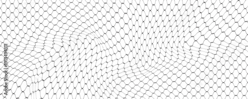 Fishing or soccer net. Repeated hexagon pattern. Black wired mesh texture isolated on white background. Metallic or fabric fence, cage or lattice structure. Vector graphic Illustration.