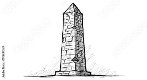 A detailed black and white sketch of an ancient stone obelisk with a pointed top and visible cracks, standing on a simple base.