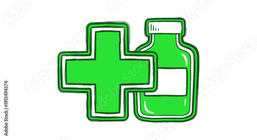 A hand-drawn illustration of a green medical cross next to a green medicine bottle with a white label.