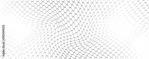 Fishing or soccer net. Repeated hexagon pattern. Black wired mesh texture isolated on white background. Metallic or fabric fence, cage or lattice structure. Vector graphic Illustration.