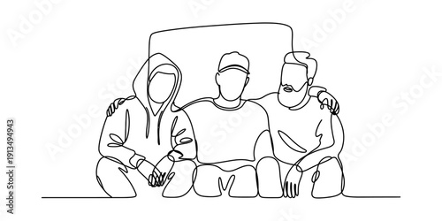 Continuous line drawing of three best friends sitting together and hugging each other. Vector, illustration