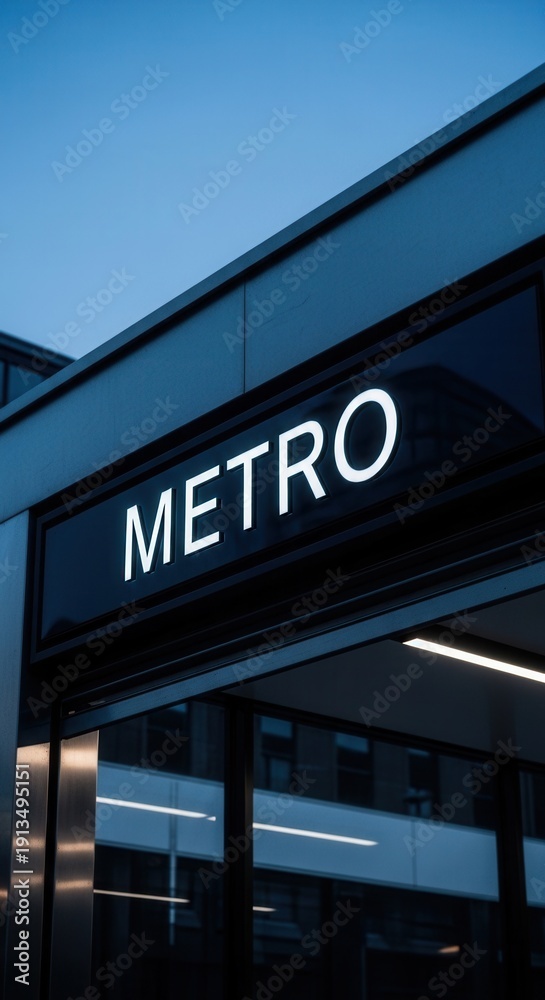 Obraz premium Illuminated Metro Station Entrance Captures Urban Night Ambiance and Modern Transportation