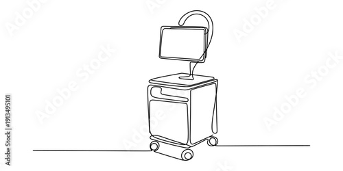 A simple line drawing of a medical workstation on wheels with a monitor screen on top. Vector, illustration