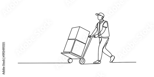 Continuous line drawing of a courier worker pushing a dolly with cardboard boxes. Vector, illustration