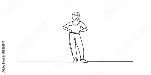 Minimalist continuous line drawing of a woman standing with hands on her hips Vector, illustration