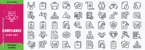 Compliance line editable icon set. Contain icons related to compliance, regulatory, governance, corporate, transparency, regulations and more. Editable stroke. Vector illustration