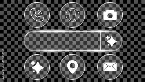 Glass morphism User Interface buttons icon set on transparent background for ui design, phone, internet, camera, generative ai bar, location, email