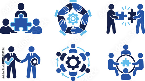 Vector icon set depicting business collaboration, teamwork, and partnership with people, puzzle pieces, and gears in shades of blue, isolated on transparent background.