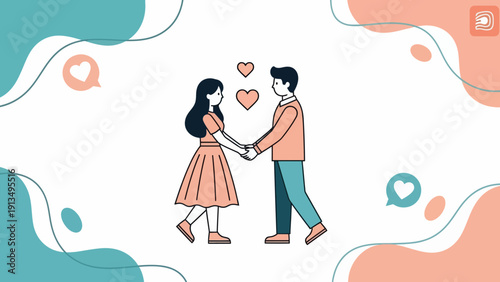 Couple Holding Hands Between Orange Hearts in a Playful Abstract Graphic of Man and Woman in Love