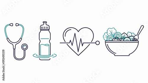 Line‑drawn health icons arrayed on white background, showing stethoscope, waterbottle, heartmonitor, and saladbowl for wellness guidance