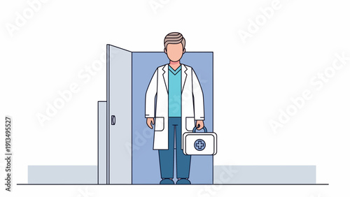 Doctor in white lab coat stands before open light blue door, holding a white bag with blue circle
