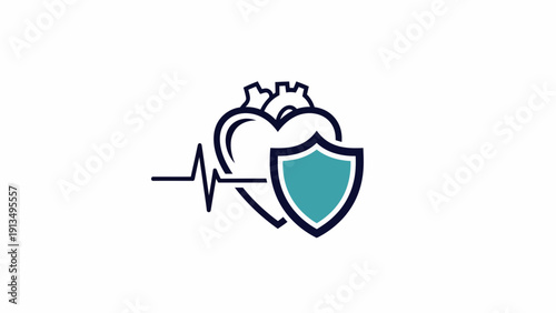 Heart Shield ECG Icon Depicting Cardiac Health with Dark Blue Heart, Teal Shield, and Waveform Line on White Background