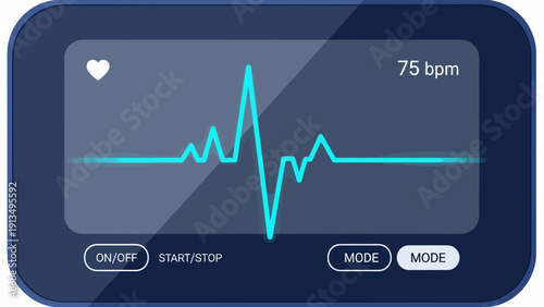 Digital heart rate monitor displays heartbeat graph on a device screen with buttons and mode options, viewed in a white environment