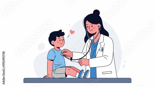 Doctor examines boy's knee in cartoon illustration, showing medical care on a blue surface with heart symbols, white background