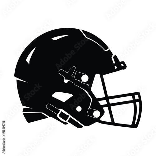 A stark black silhouette of an american football helmet design