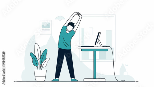 Cartoon Man Stretches Above His Head Near Plant and Laptop in a Bright Office