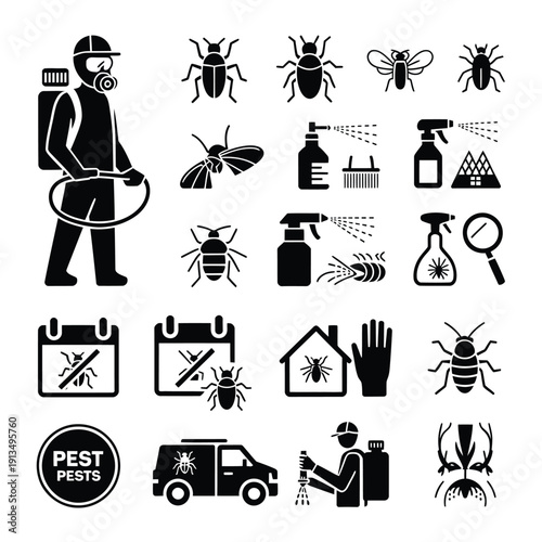Pest control illustration featuring insects equipment and warning signs