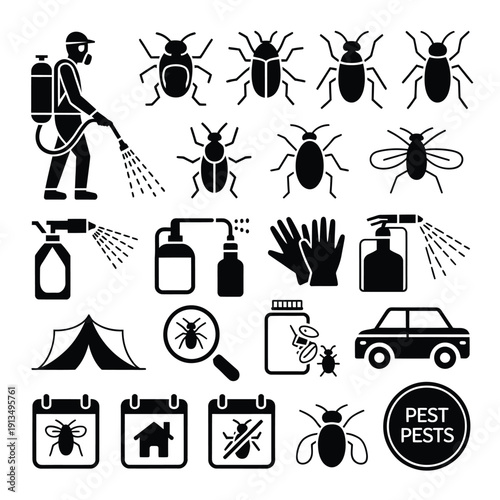 Pest control illustration featuring insects sprayers and related equipment