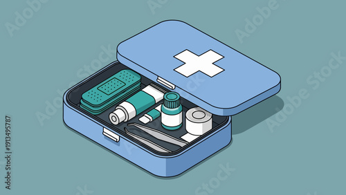 3D illustration of an open firstaid kit with a white cross on a teal background, showing a green pouch, ointment tube, bottles, and scissors