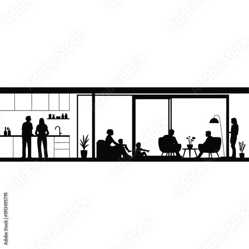 Minimalist black silhouette of a modern living room interior scene