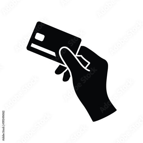 A hand holding a credit card in a simple black silhouette style