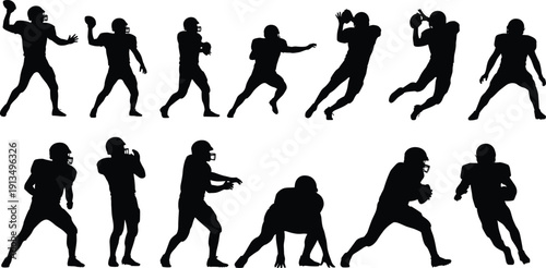 Black silhouette vector illustration of twelve American football players in dynamic action poses, showing throwing, catching, running, and competitive sports design.