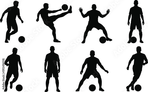 Eight dynamic soccer player silhouettes in action poses with ball, dribbling, kicking, standing, defensive stances, sports vector illustration design