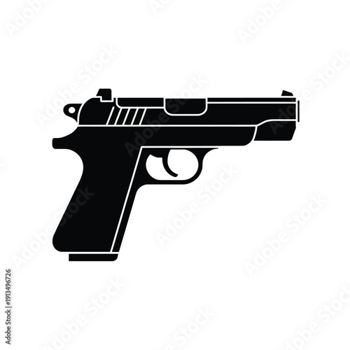 A stark black silhouette depicting a semi automatic handgun on white