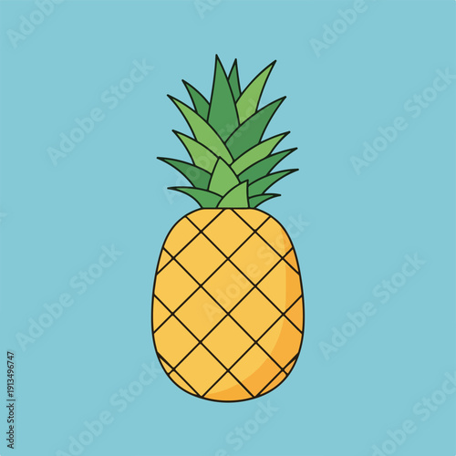 A cartoon pineapple illustration with green leaves, yellow fruit on a blue background