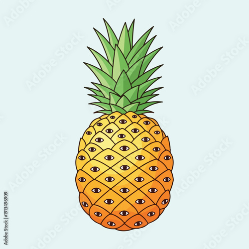 A cartoon pineapple illustration with multiple eyes and green leaves