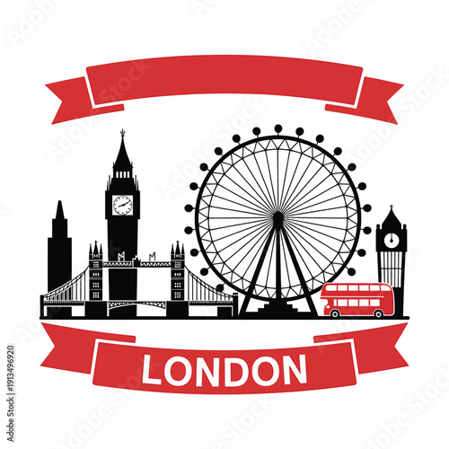 A stylized illustration featuring iconic landmarks of london england
