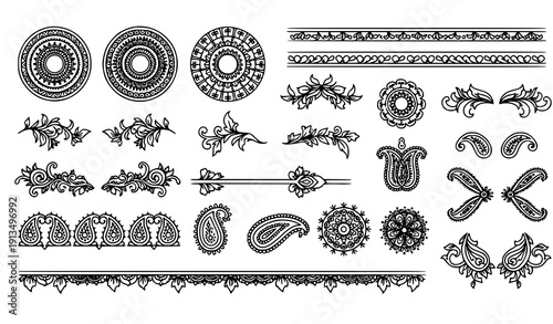 Elegant Mehedi decorative pattern set with floral mandala and paisley henna ornaments isolated on white