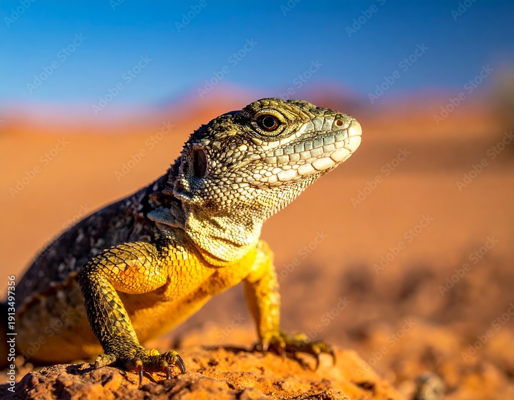 Fototapeta premium Close-up of a reptile basking in warm sunlight against desert backdrop
