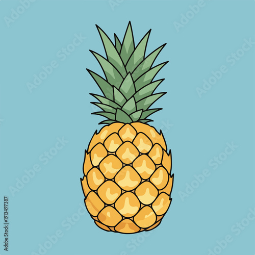 A cartoon pineapple, with leaves, on a light blue background