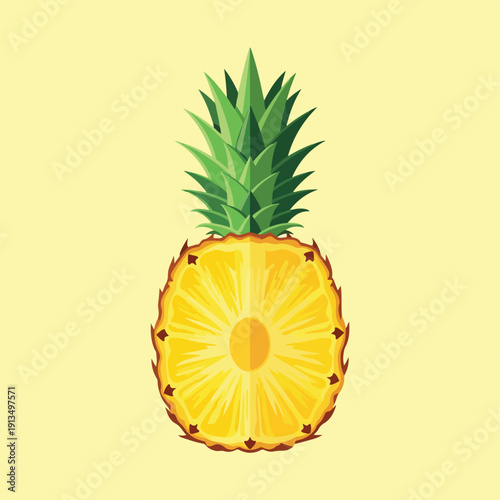 A brightly colored, illustrative, halved tropical fruit against a yellow background