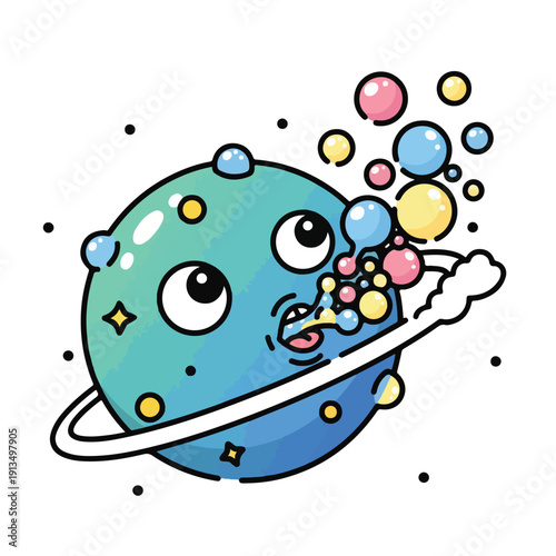 A cartoon planet with eyes and a ring, blowing bubbles