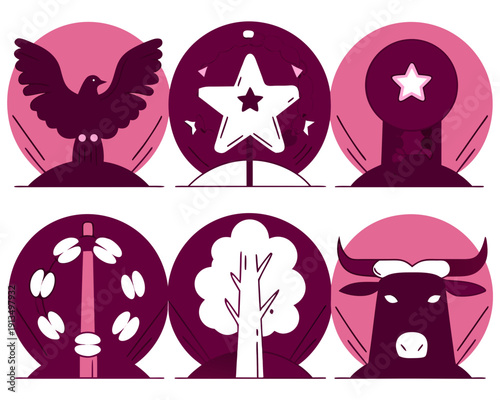 Abstract Symbolic Vector Icon Set: Peace Dove, Celebration Star, Nature Tree, and Bull Silhouette Emblems. Modern Flat Graphic Design Collection in Pink Tones.