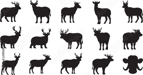 Collection of deer and elephant silhouettes on white background