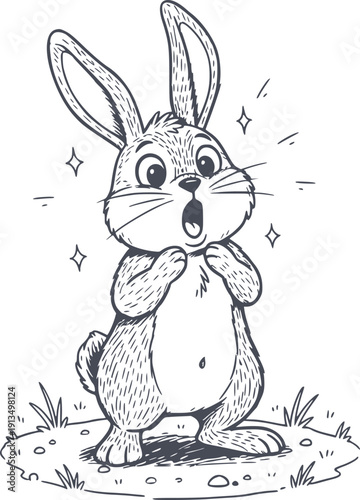 professional hand drawn illustration of a surprised rabbit with an open mouth wow expression no white fills included in the vector file for easy overlaying on any background black fill style