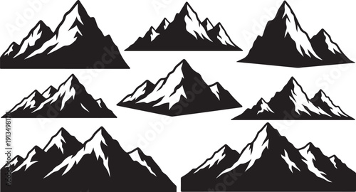 Collection of Black and White Mountain Silhouette Graphics Icons