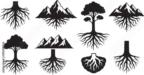 Black silhouettes of trees and mountains with roots growing