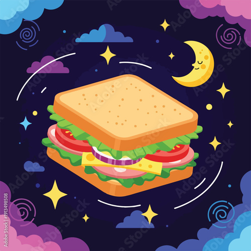 A cartoon sandwich floating in a night sky with stars and a crescent moon